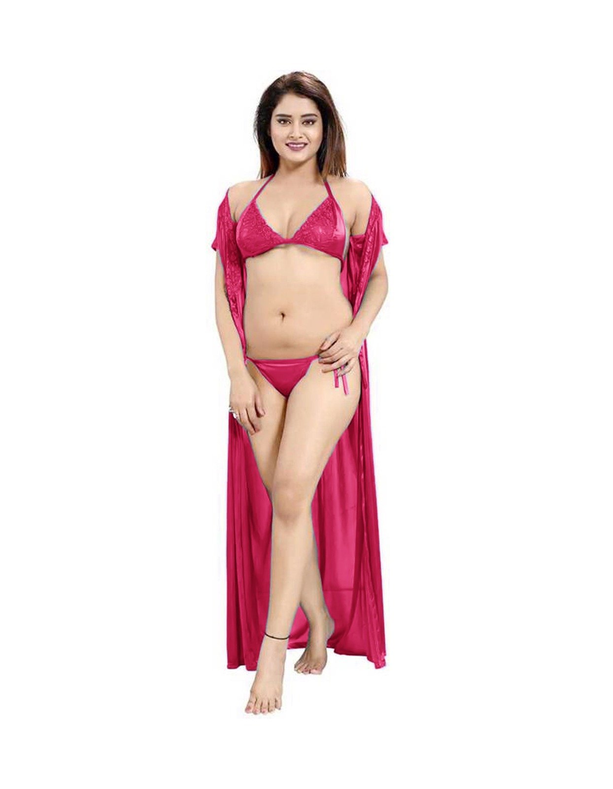 Women’s Pink 3-Piece Lace Lingerie Set with Long Robe